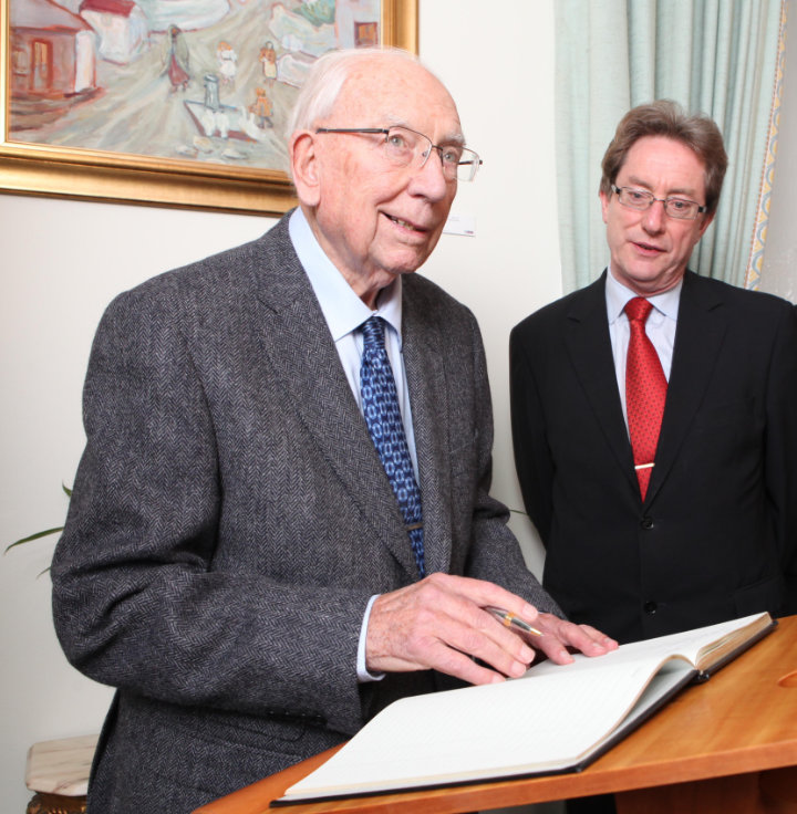 T.K. Whitaker at the establishment of the Whitaker Institute at NUI Galway, with NUI Galway President Jim Browne, 2012