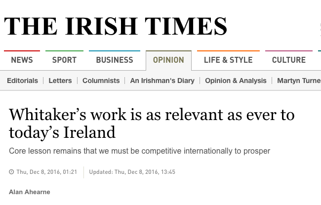 Irish Times: Whitaker's work is as relevant as ever to today's Ireland